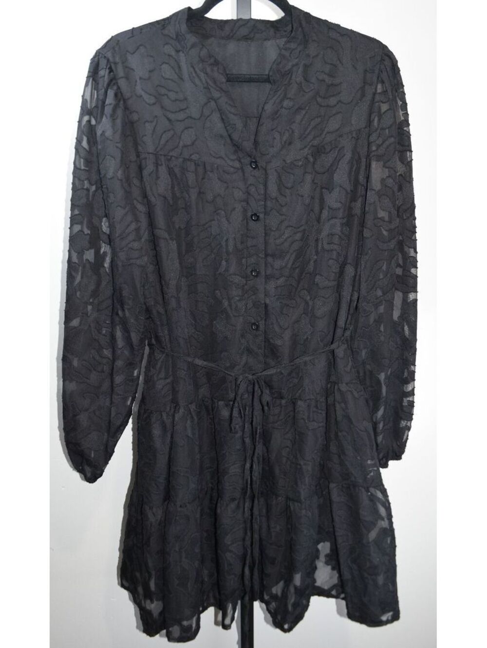 Shein Curve Black Sheer Burnout Floral Tie Waist Mini Dress 2XL Long Sleeve Goth